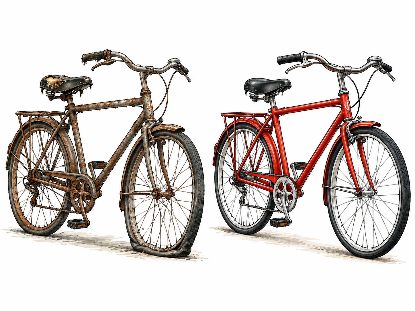 Condition, the state something is in: two otherwise identical bicycles side by side, left badly rusty with flat tire and torn saddle, right well maintained shiny red with inflated tires.