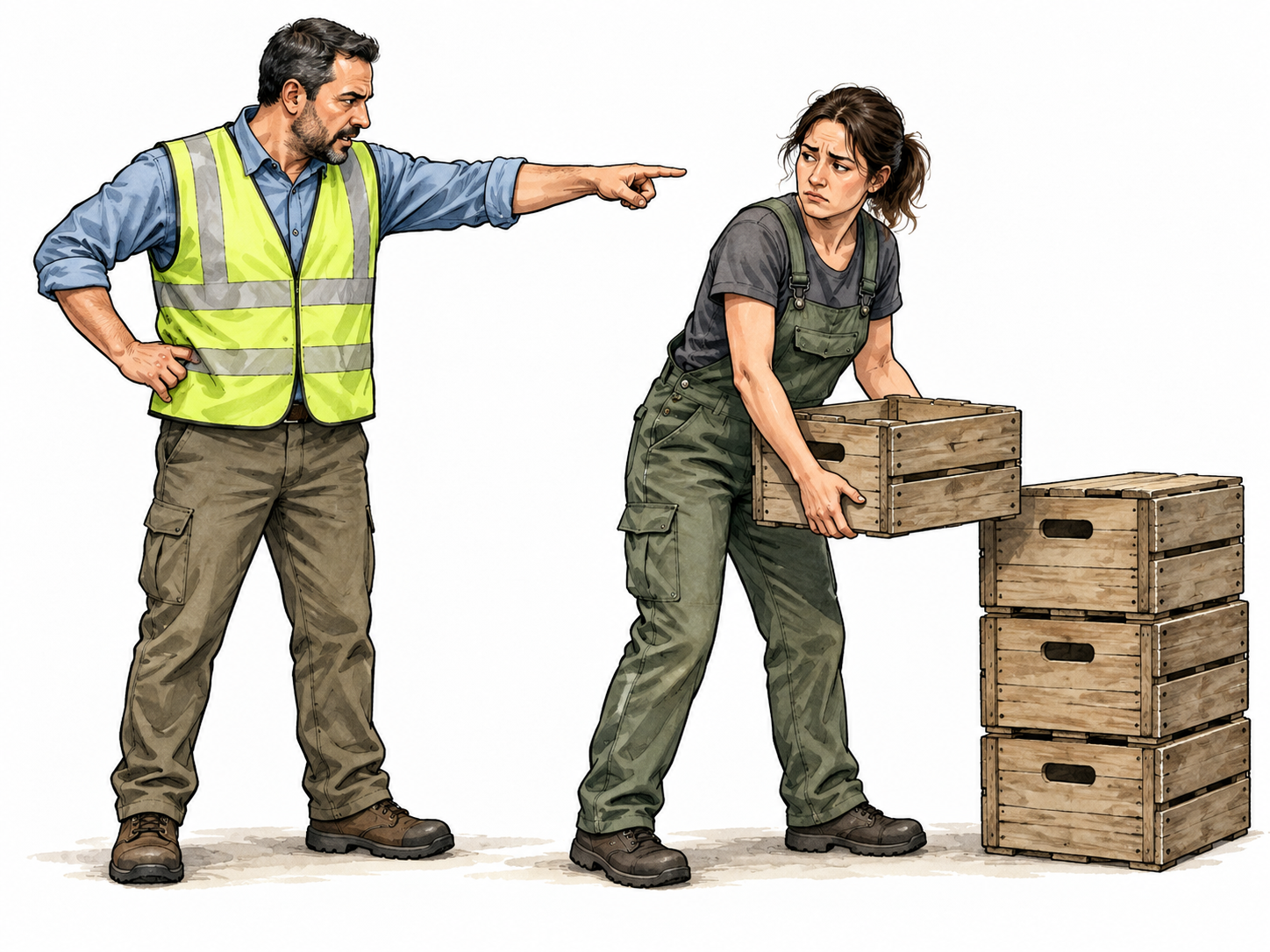 Compel: workplace supervisor firmly directs a reluctant adult employee toward a mandatory task of stacking crates, authoritative pointing gesture, employee reluctantly moves crate.