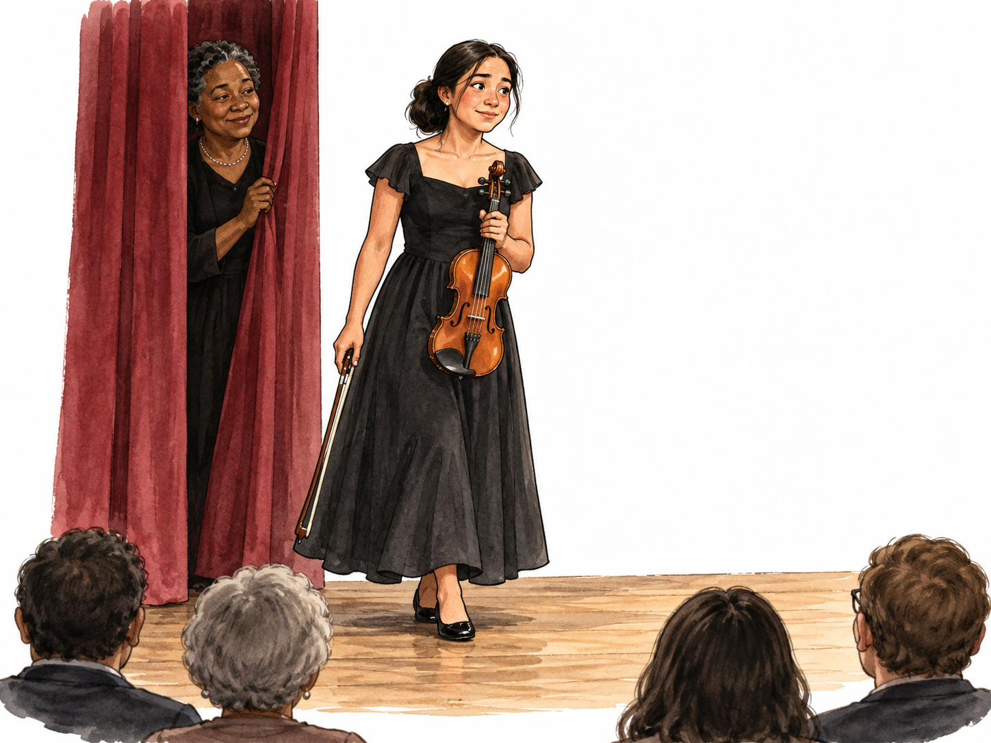 Violinist makes first stage entrance with encouragement.