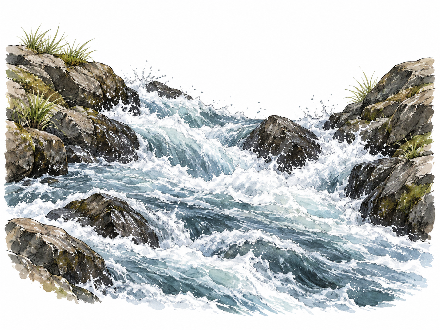 Violent whitewater surges between rocks.