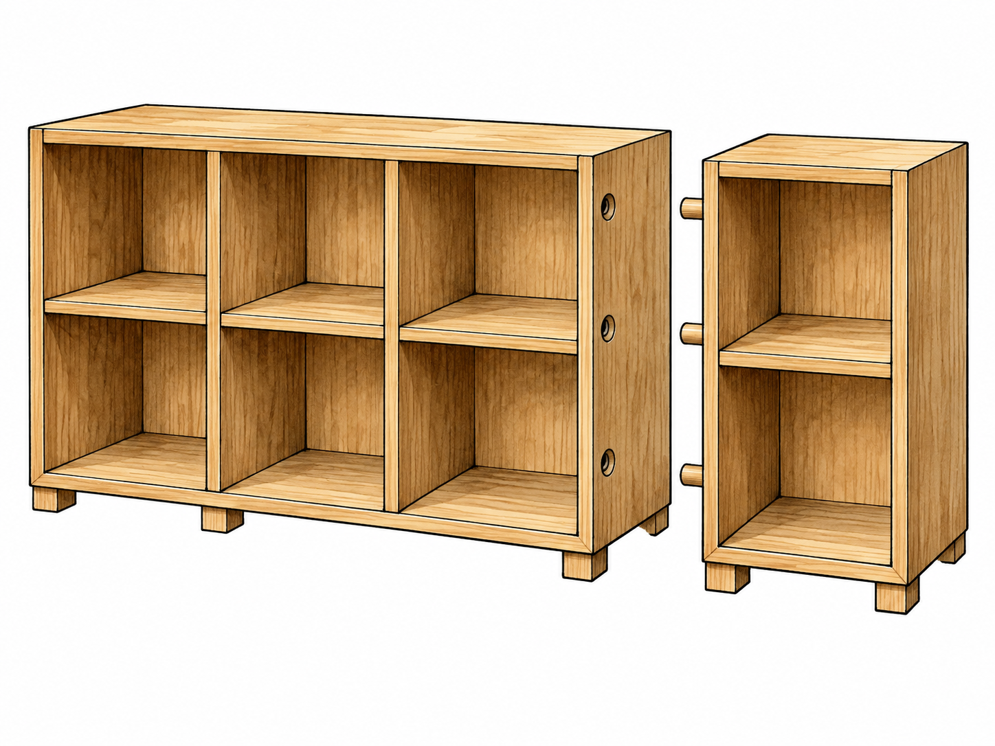 Extensible: modular wooden shelving unit with empty connector holes on its right side and an additional matching shelf module ready to attach; obvious ability to expand.