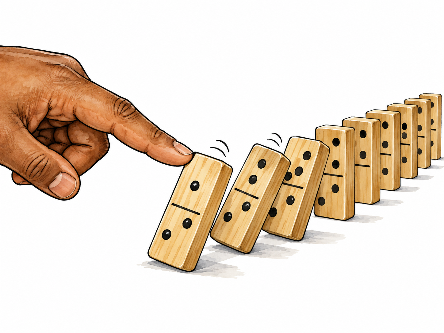 Initiate, begin a process: close view of a brown human hand gently tipping the first wooden domino in a long orderly row; the next two begin to topple while rest stand.
