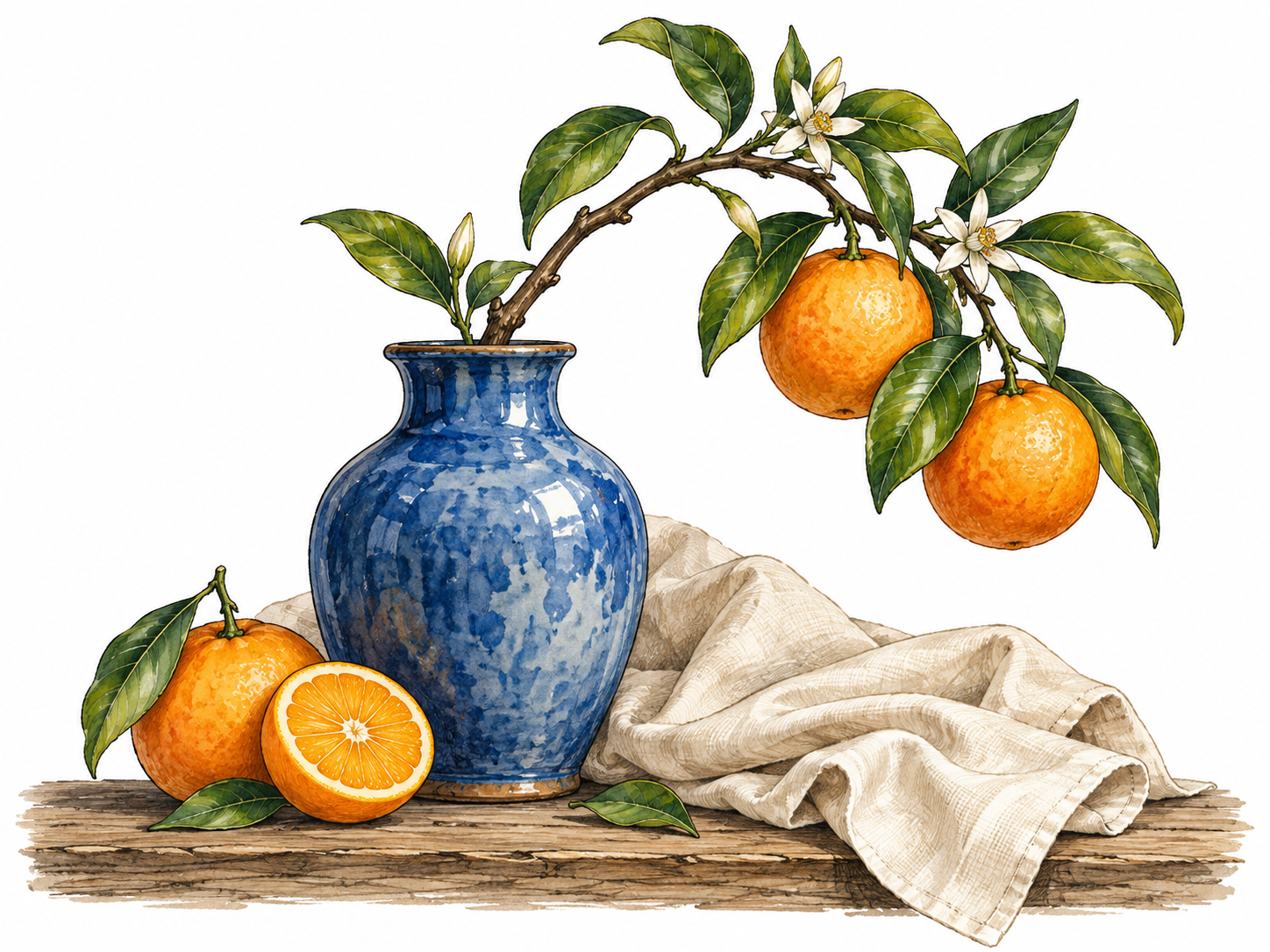 Aesthetic: beautifully composed still life of a blue ceramic vase, curved branch, citrus fruit and folded cream linen, harmonious colors and balanced shapes, natural materials and pleasing arrangement.