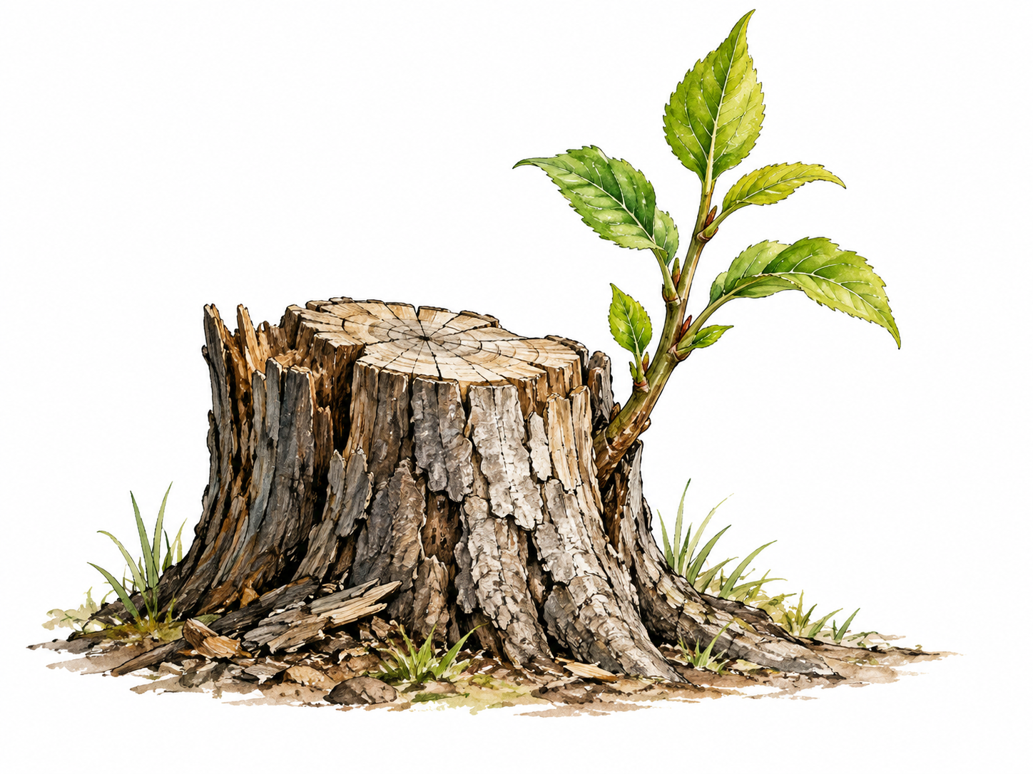Living green shoot emerges from apparently dead stump.