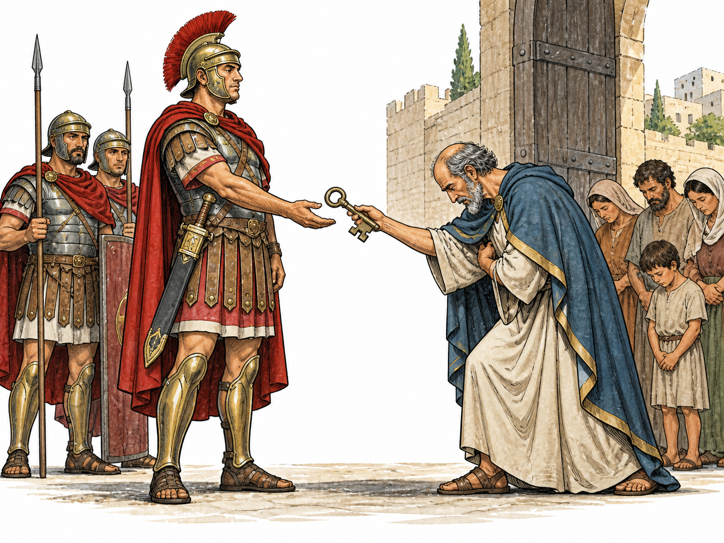 Subjugate: restrained historical scene of armored conqueror taking a city's key from a defeated civic leader at a gate, two guards behind conqueror, subdued townspeople.