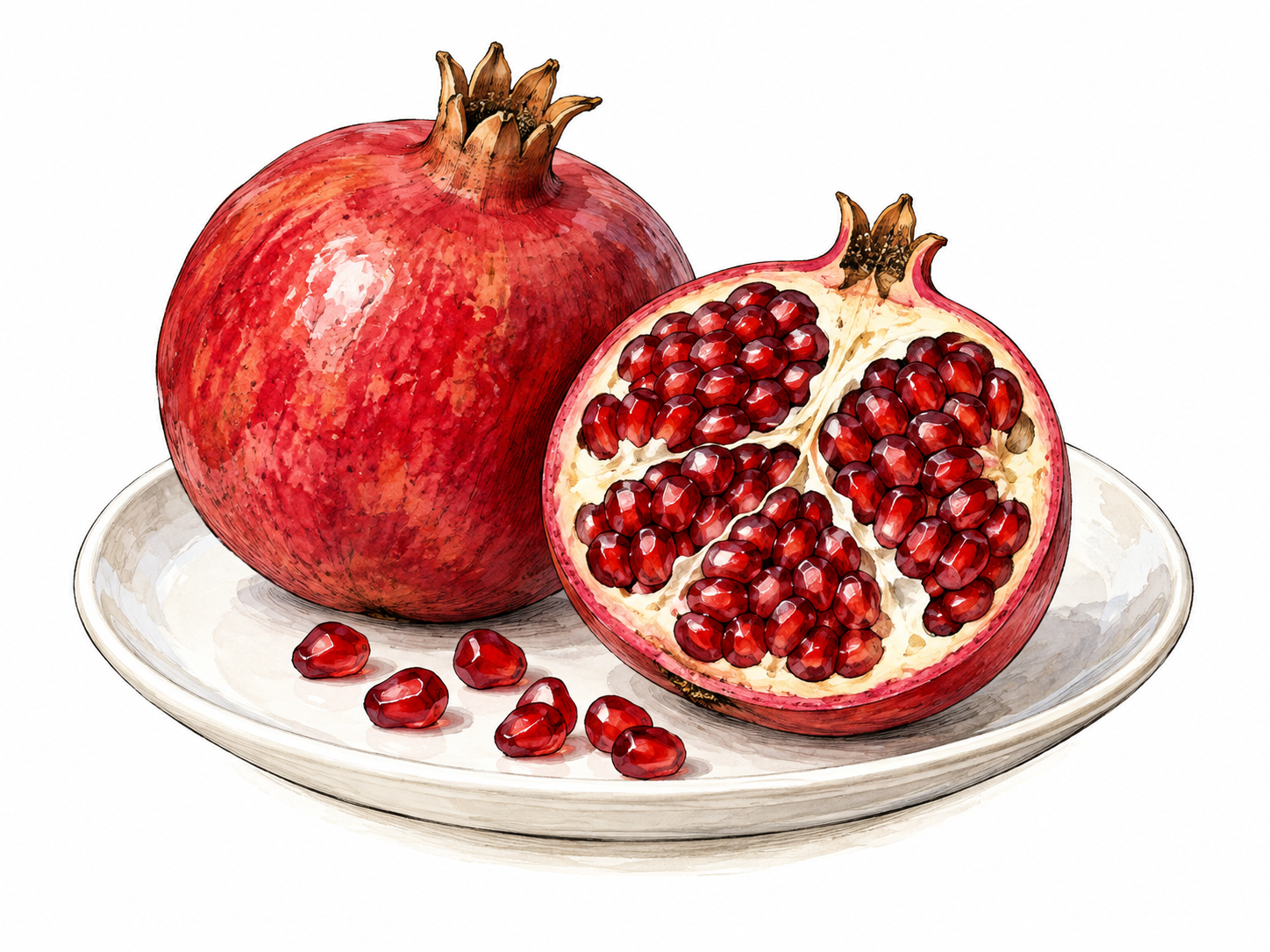 Whole and cut pomegranate with juicy arils.
