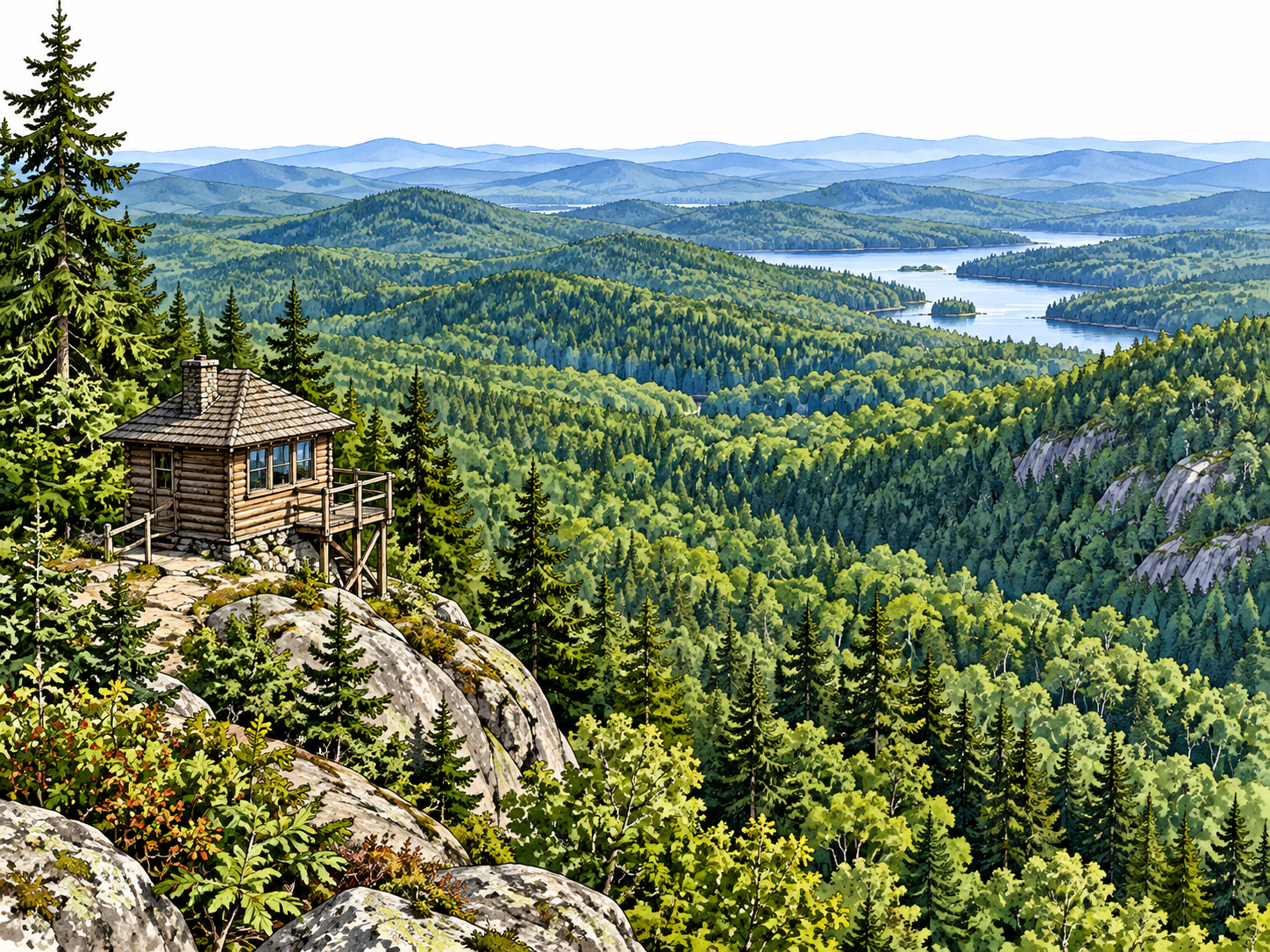 Extensive: panoramic forest stretching across hills all the way to distant horizon, tiny lookout cabin in foreground gives scale; foliage detailed nearby then simpler in distance.