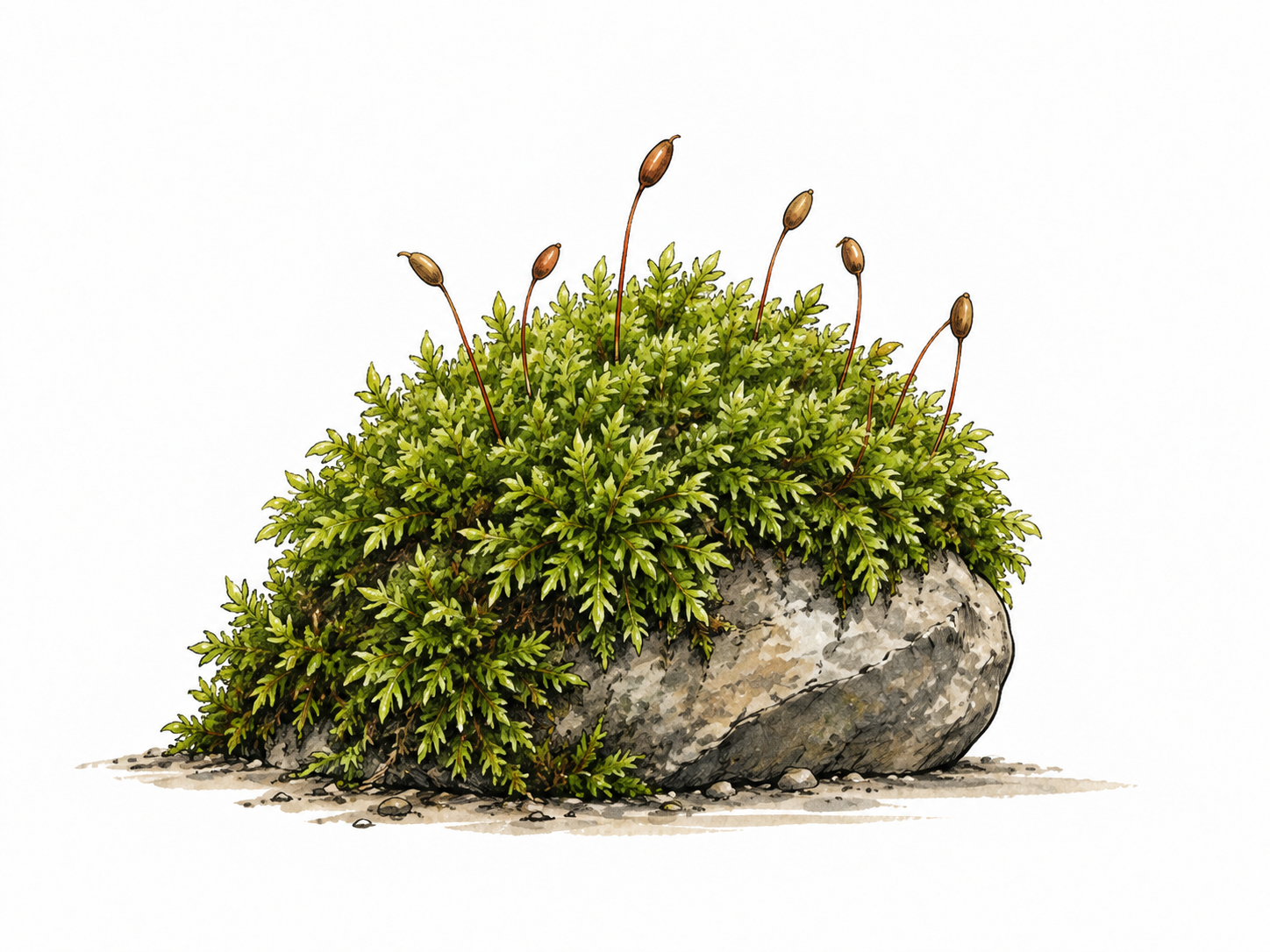 Dense leafy moss mat with spore capsules.