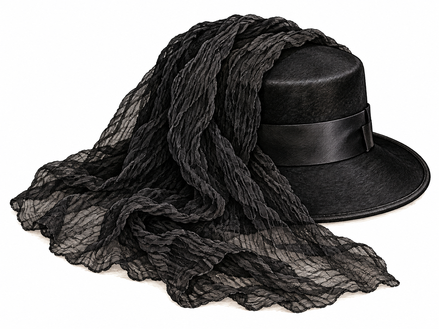 Crape: close still life of fine black crinkled mourning fabric draped over a simple black hat; subtle gray highlights reveal delicate rippled texture.