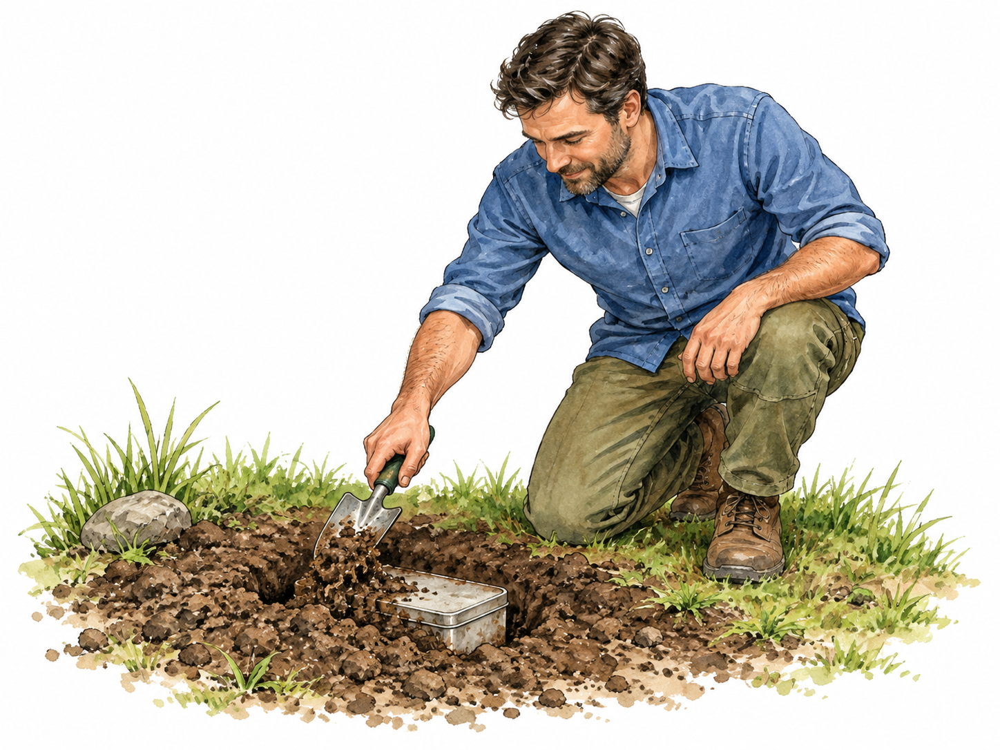 Gardener covers a time-capsule tin with earth in a shallow hole.