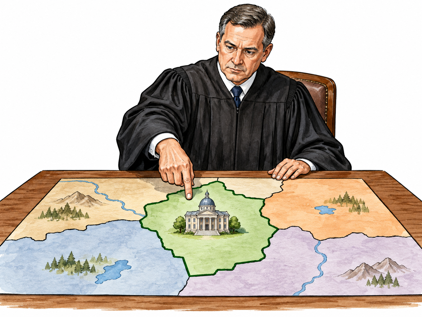 Jurisdiction: a judge in dark robe points to one clearly bounded region on a simplified tabletop map; a courthouse miniature stands inside that region, other regions outside.