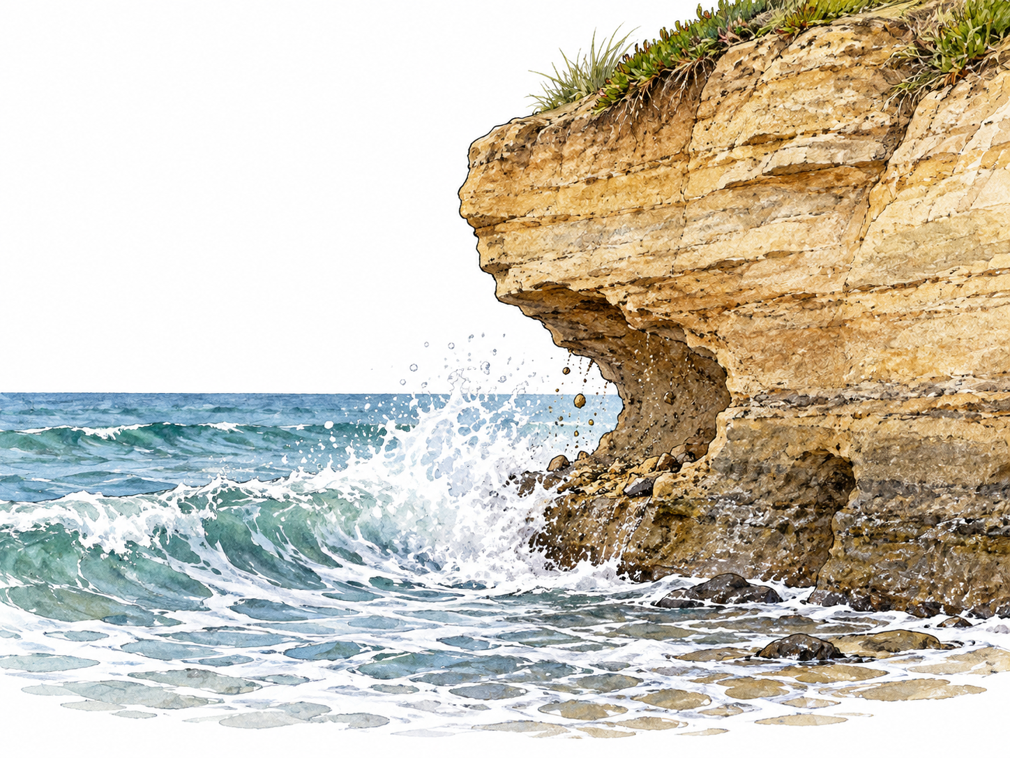 Waves wear away an undercut sandstone cliff.