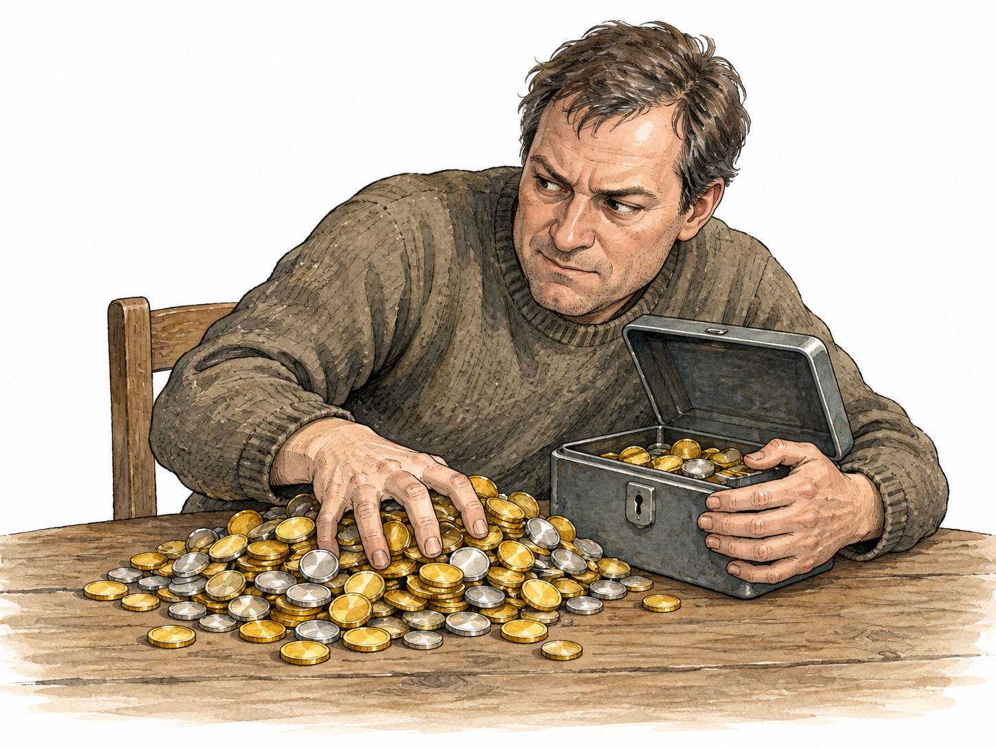 Man protectively gathers coins into cashbox.