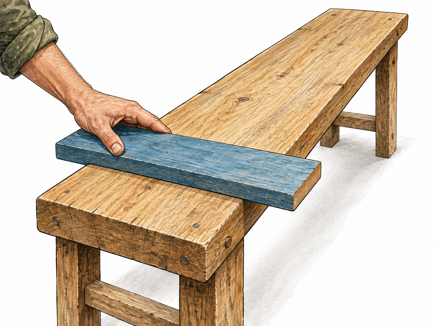Blue board laid across narrow bench width.