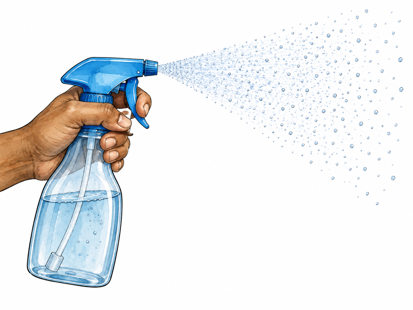 Fine liquid spray from trigger bottle.