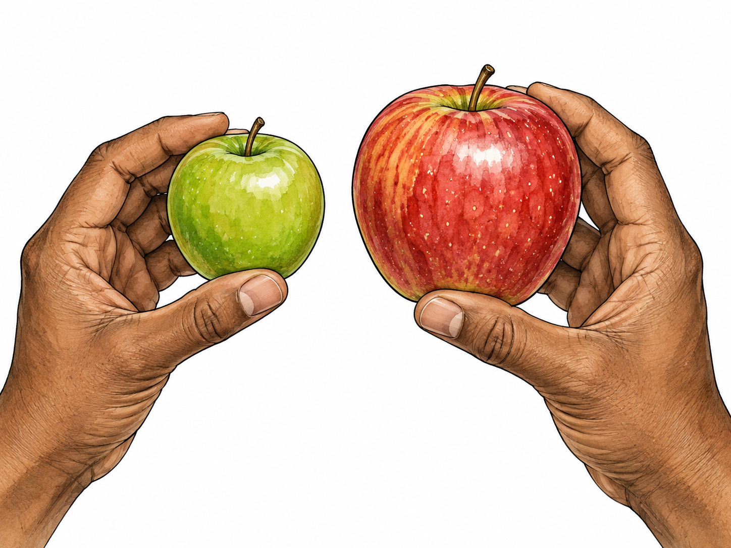Comparison: two apples side by side, one small green smooth apple and one larger red speckled apple, adult brown hands holding each at equal height to examine differences.