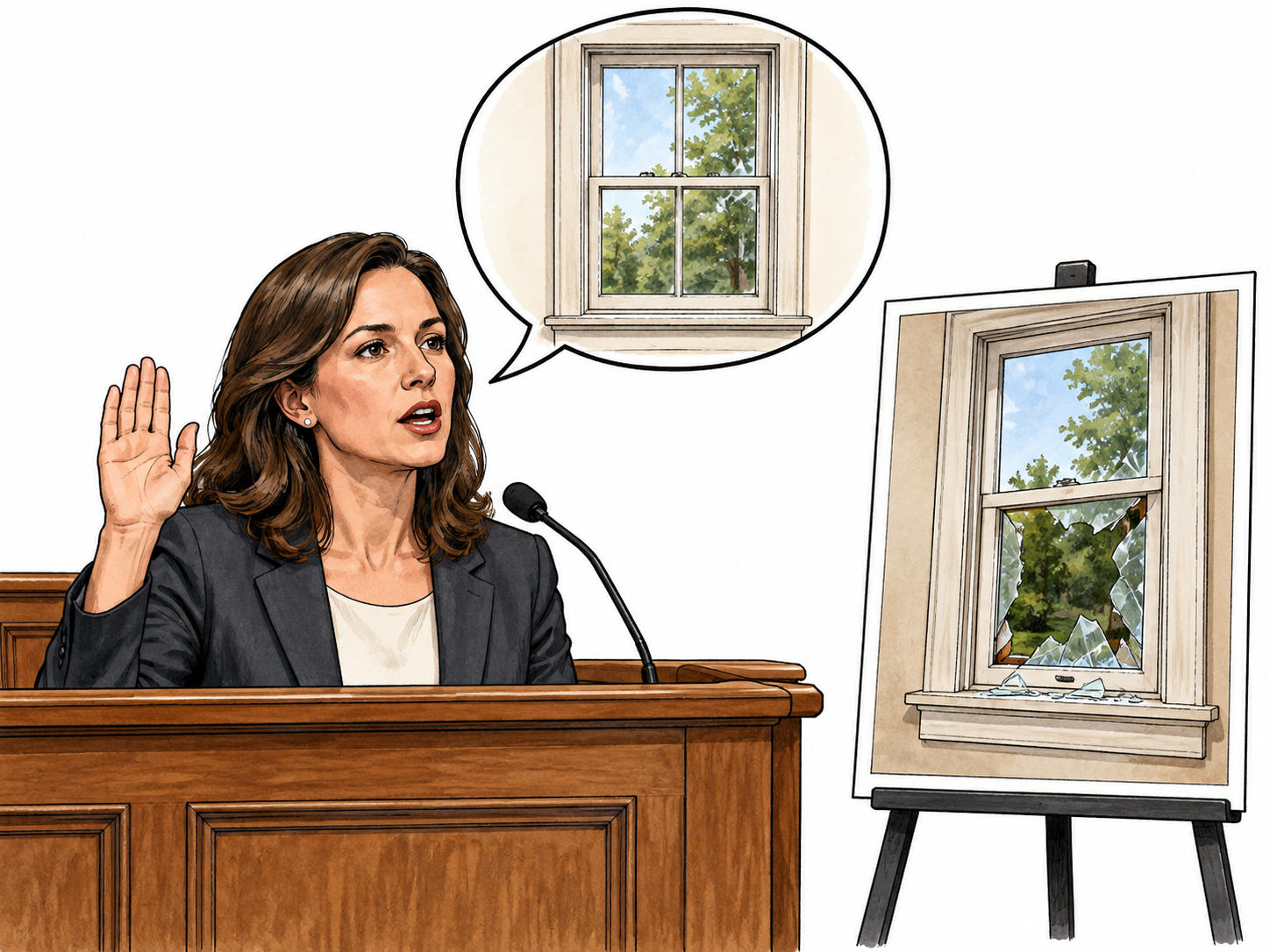 Perjure: adult woman in witness box raises oath hand while speaking, her pictorial bubble shows a locked intact window, contrasting evidence image beside her shows same window visibly broken open.