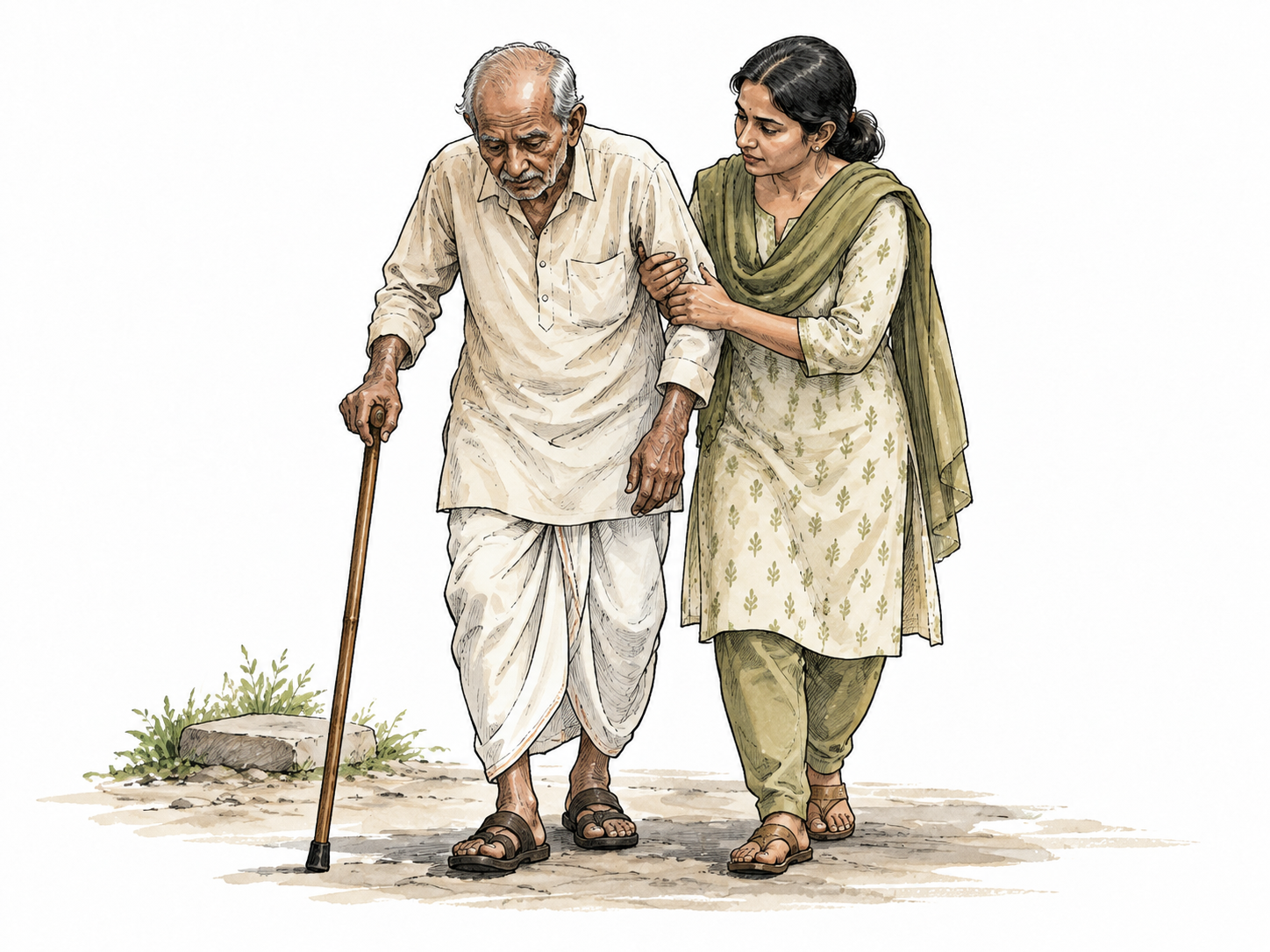An elderly South Asian man with a cane moving carefully as a family member supports him, physical frailty shown with dignity.