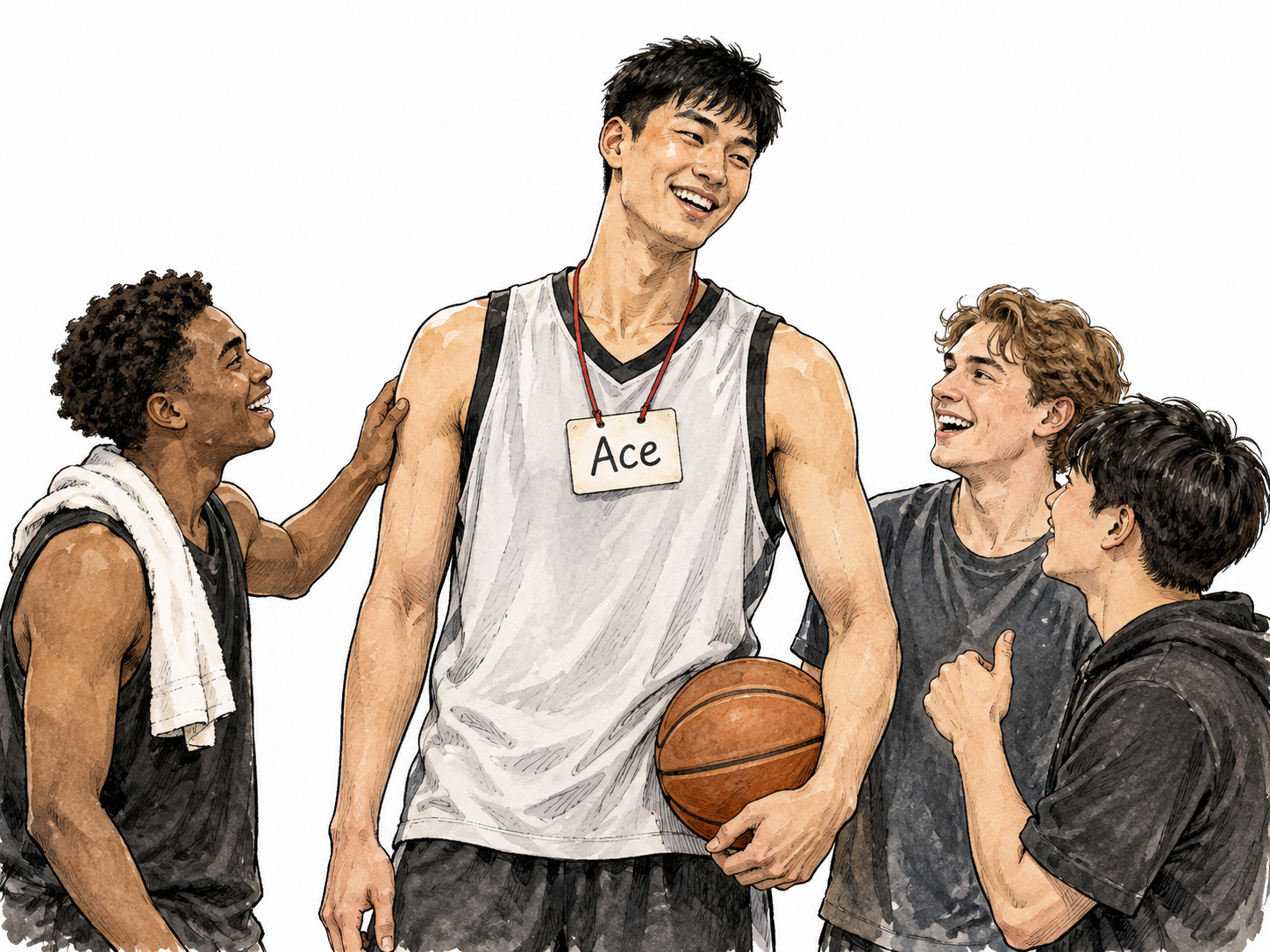 A tall East Asian basketball player wearing a casual badge reading 'Ace' while friends smile, informal additional name.