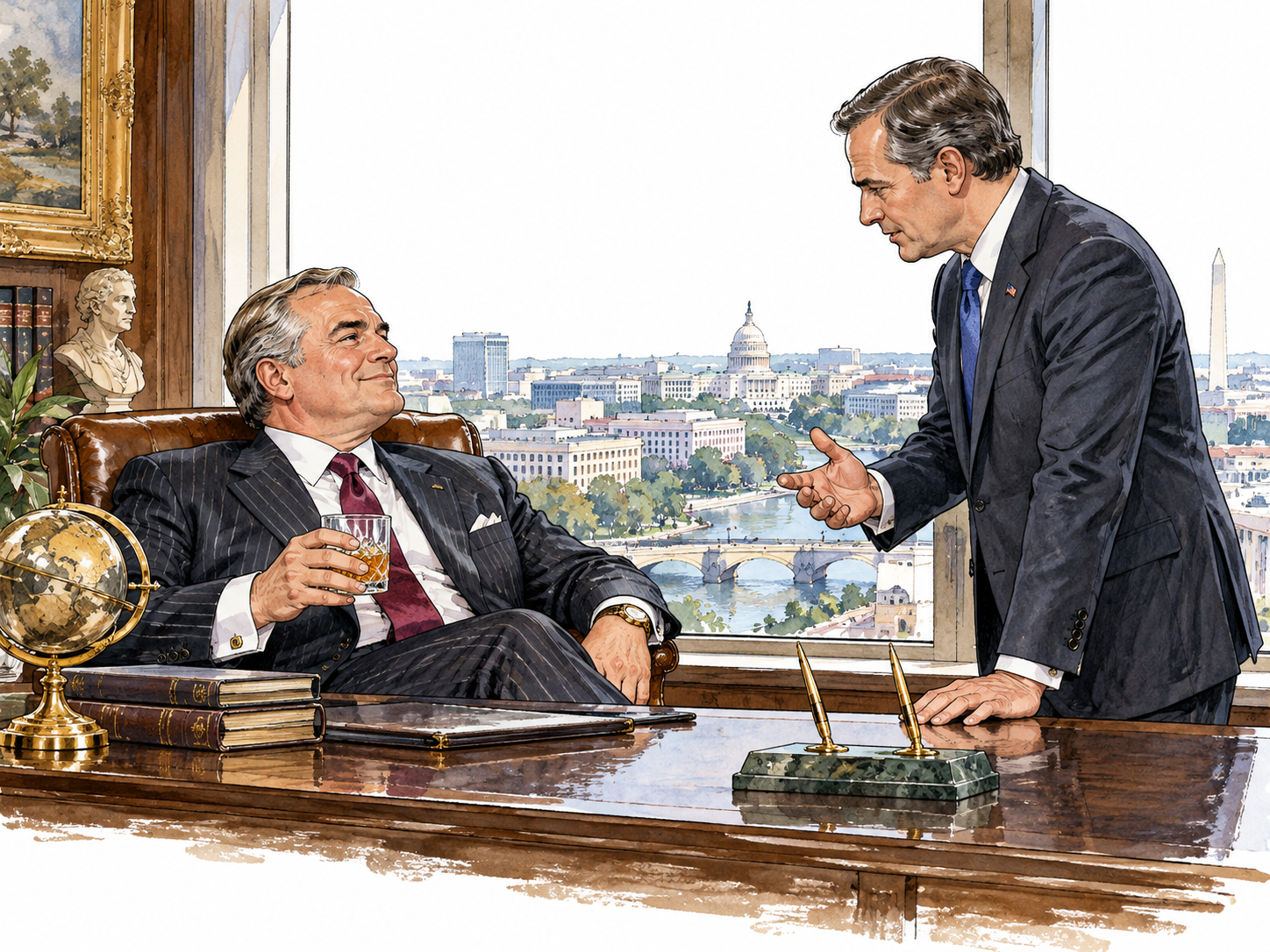 A wealthy white businessman in an elegant office meets a politician while a city stretches below.