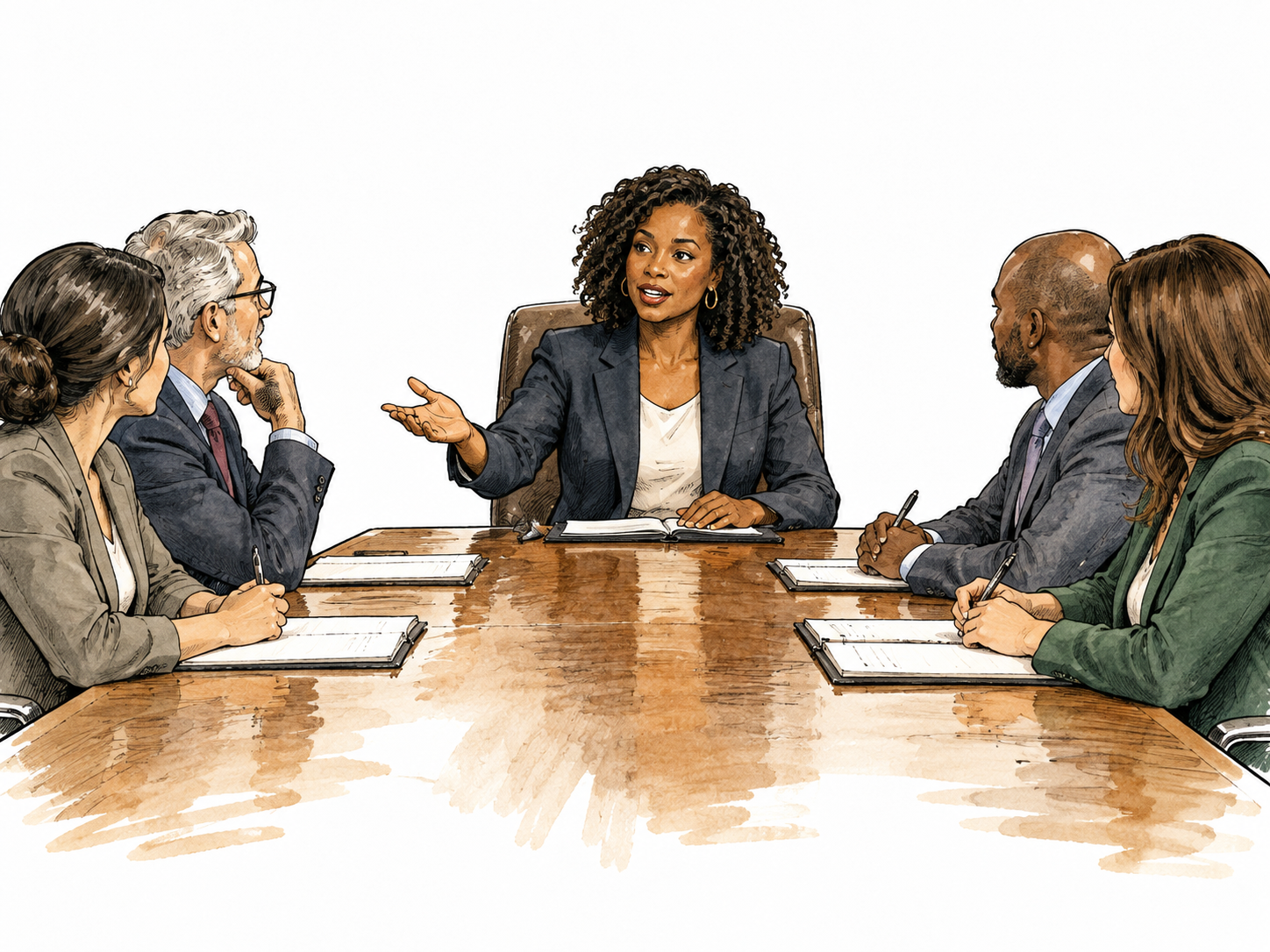 A Black woman chairing a board meeting from the head of a table, guiding discussion with an open hand.