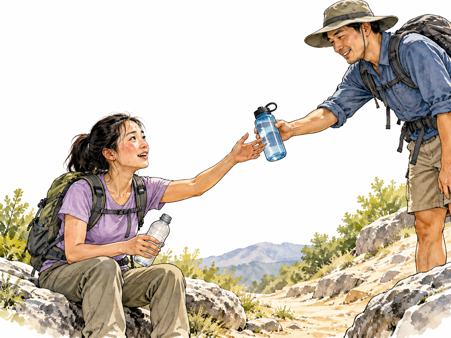 An East Asian hiker receives a water bottle just as her own runs empty on a hot trail.