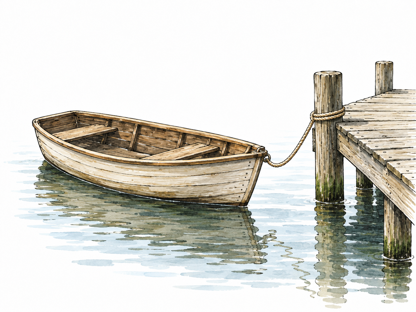 Small light wooden skiff floats beside a quiet dock.