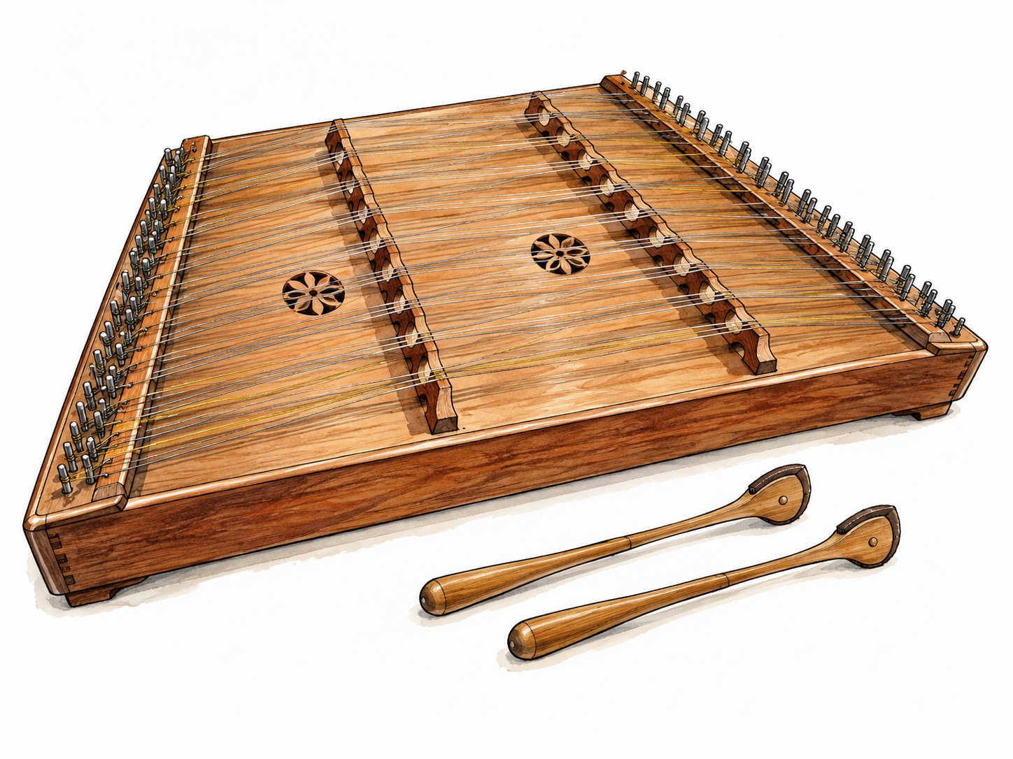 Hammered dulcimer with strings and two small wooden hammers.