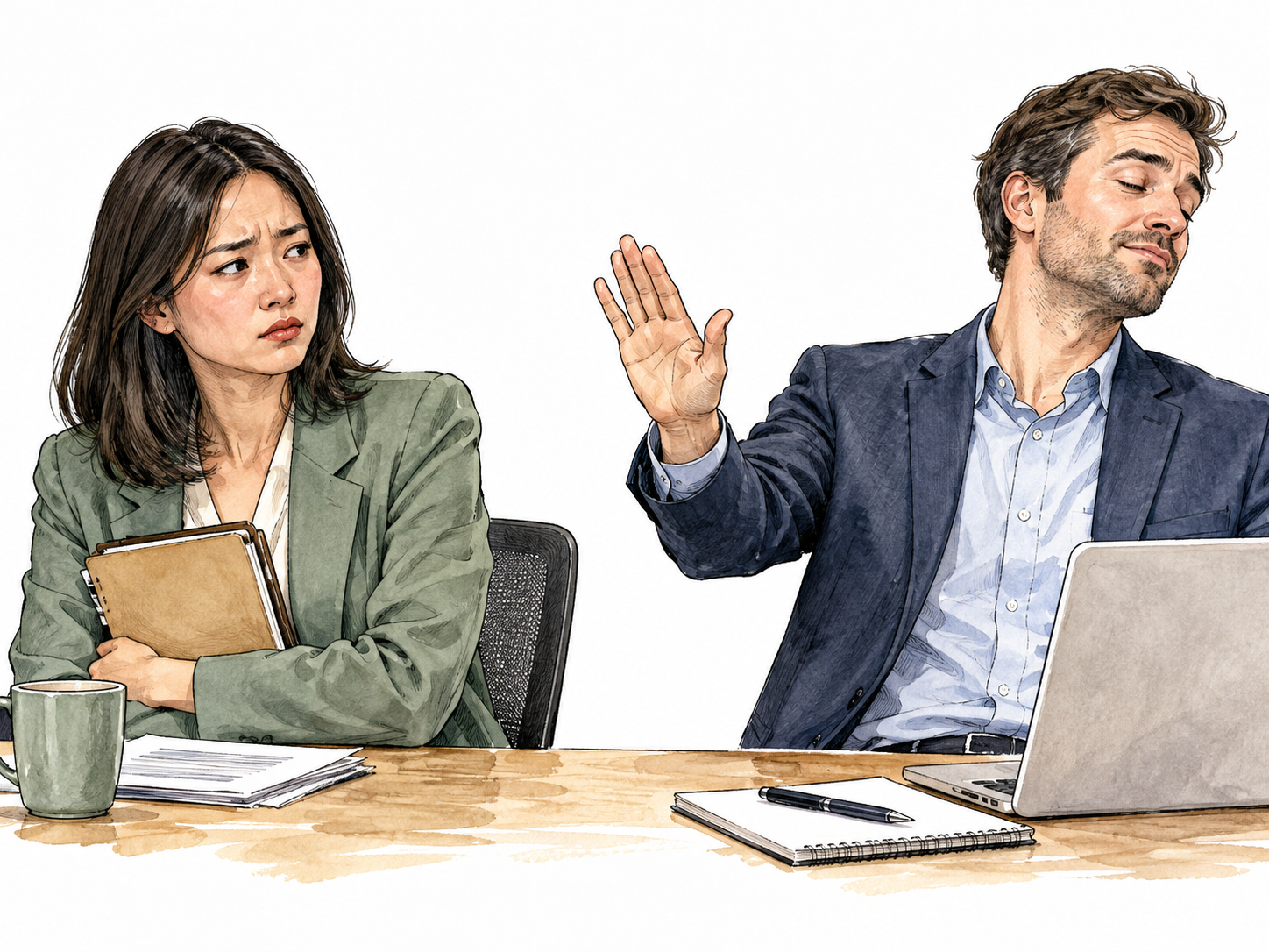East Asian woman looks offended at dismissive gesture from colleague.