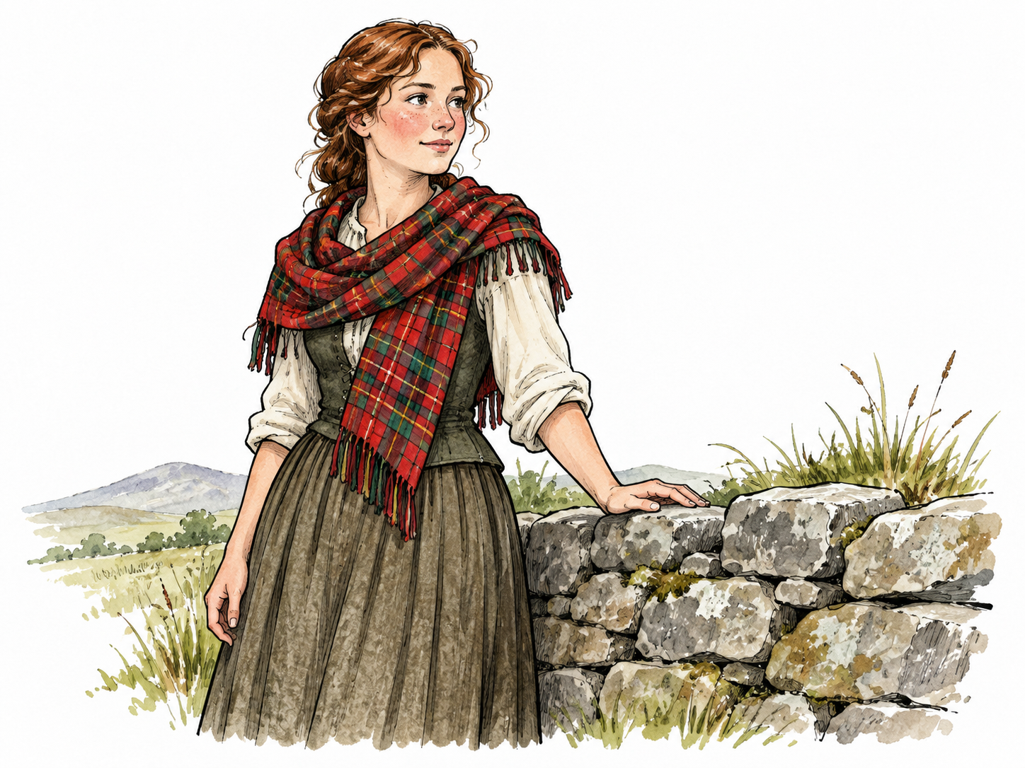 A young Scottish woman with a modest tartan scarf beside a stone wall.