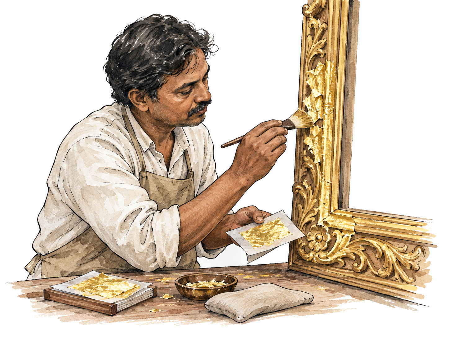 South Asian artisan applies delicate gold leaf to a carved frame.