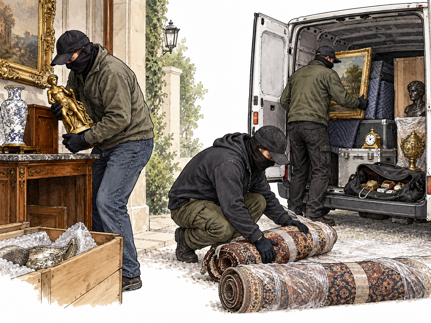 Organized theft scene with concealed stolen valuables, no heroic framing.