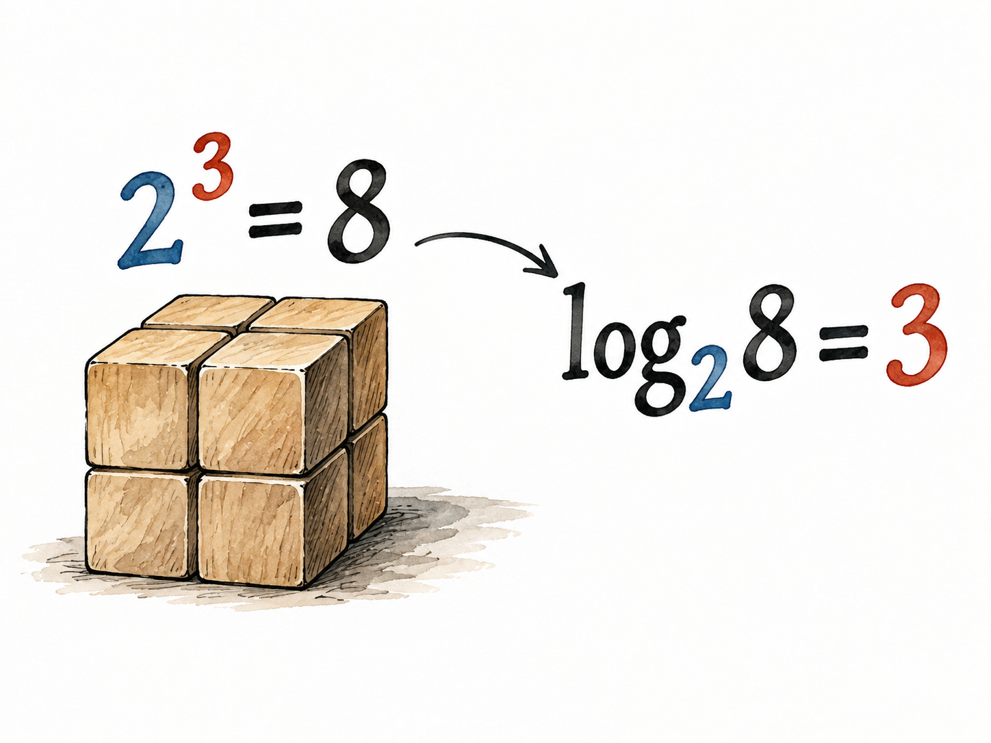 Clear math illustration shows '2³ = 8' and 'log₂ 8 = 3', precise lettering.
