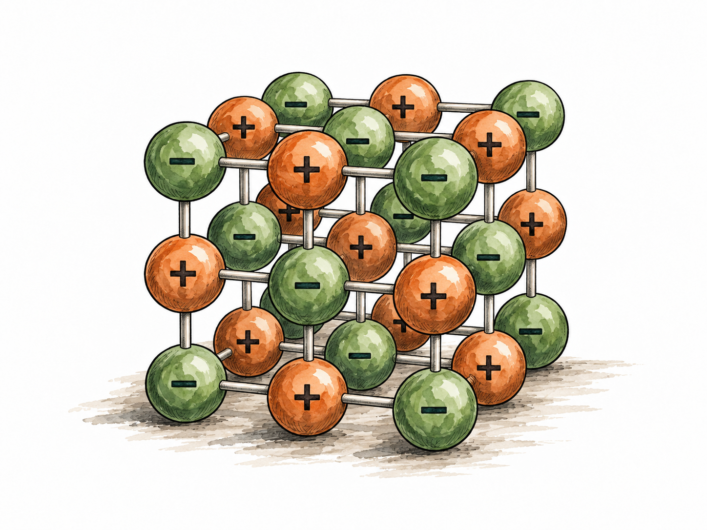 Crystal lattice of alternating positive and negative spheres joined in regular rows, small plus/minus signs distinguish ions, clean scientific illustration.