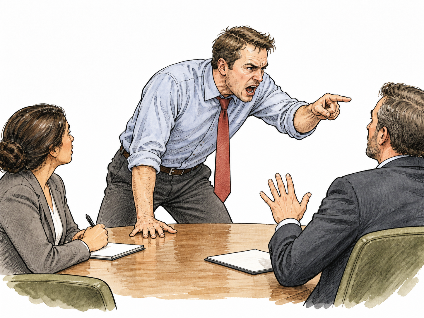 Hostile adult leans forward arguing aggressively at meeting.