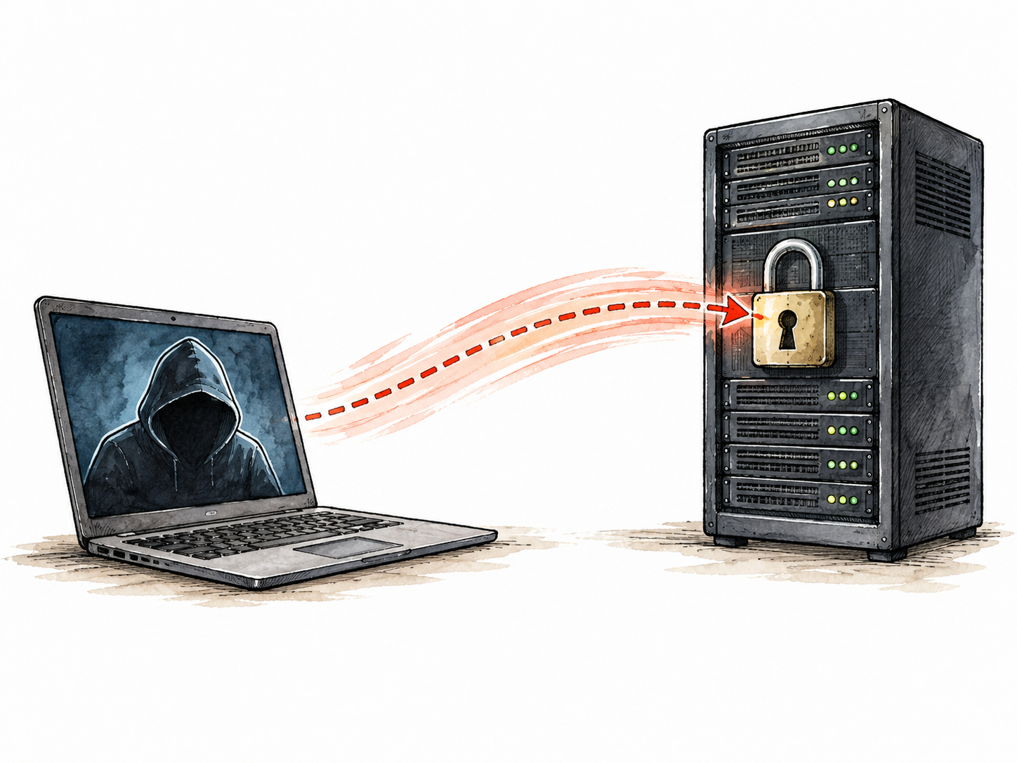 A neutral cybersecurity scene: an unauthorized laptop connection approaches a locked server symbol on screen, no code or instructions.