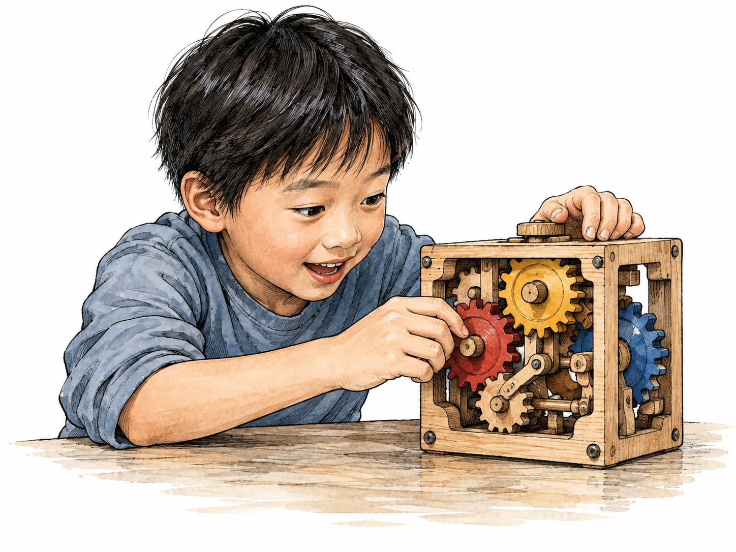 An East Asian child eagerly exploring a colorful mechanical puzzle with moving gears, curiosity and activity aroused.
