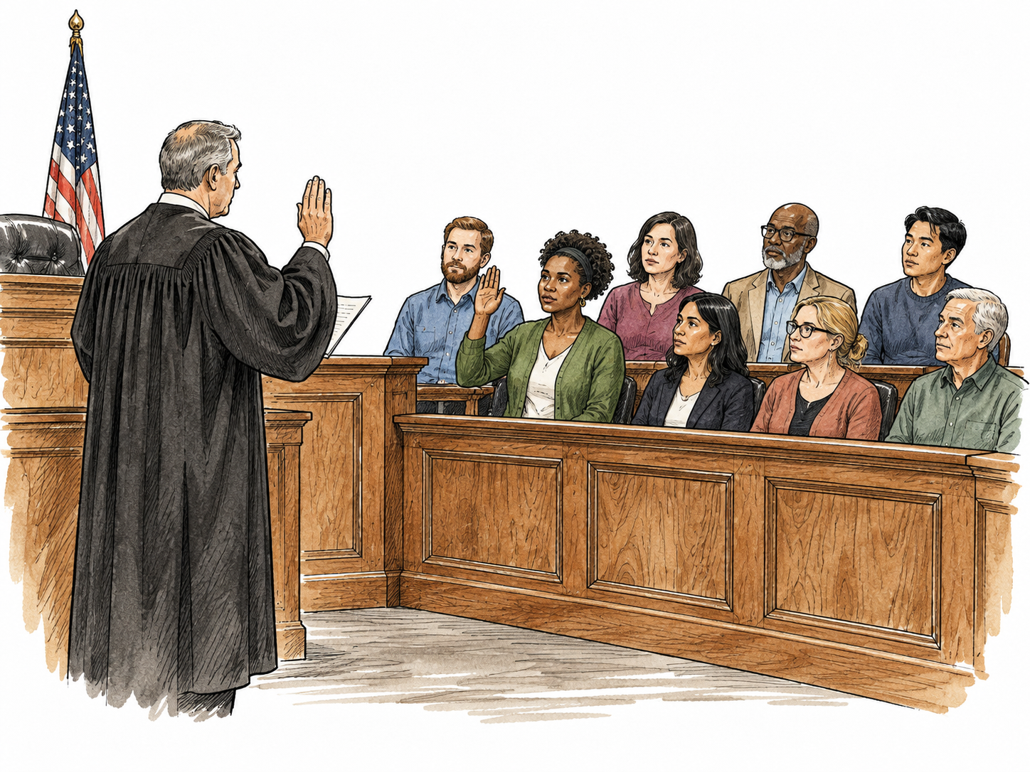 A judge formally seating a newly selected diverse jury in a courtroom, one juror raising hand for oath, no text.
