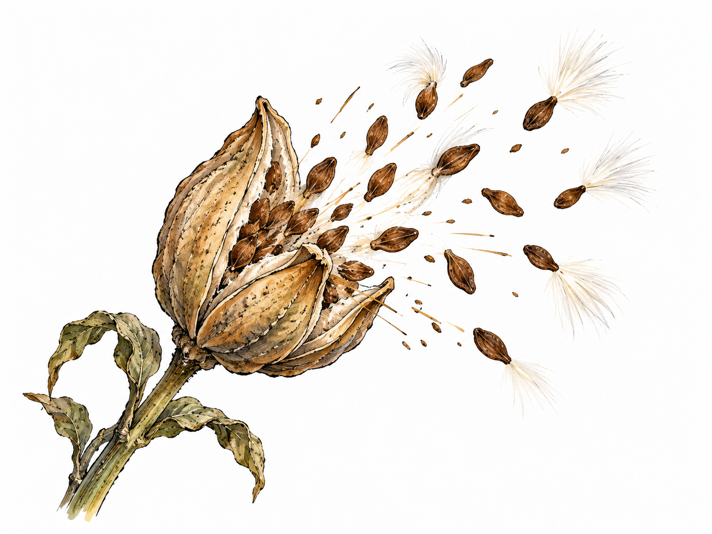 A ripe seed pod bursting open and scattering seeds suddenly, dynamic natural moment.
