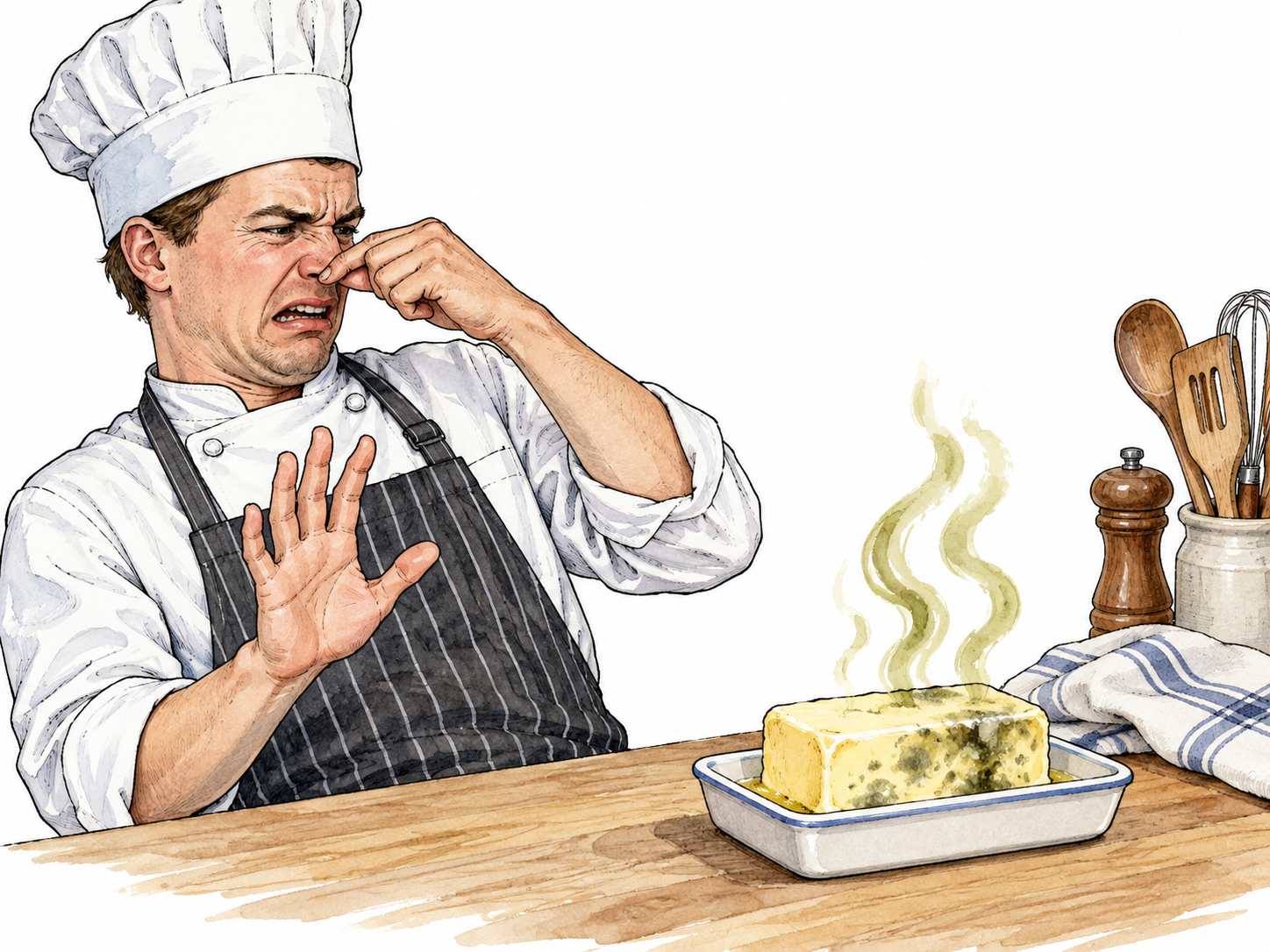 White cook recoils from rancid butter in dish.