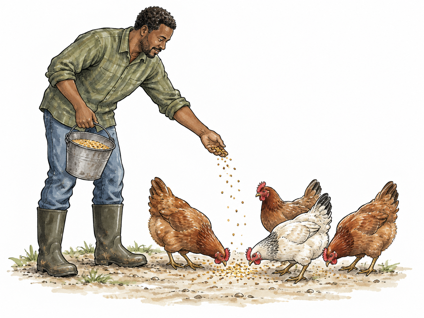 Black adult offers feed to healthy chickens.