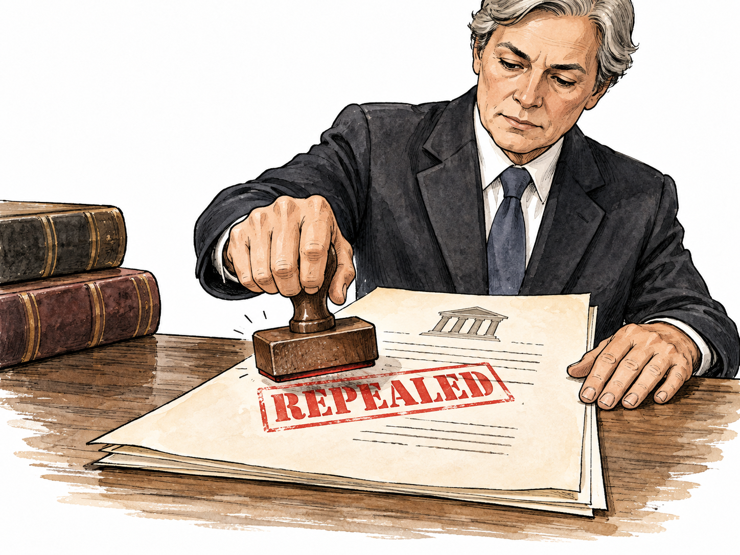 An official cancels an unjust rule, document stamped exactly 'REPEALED'.