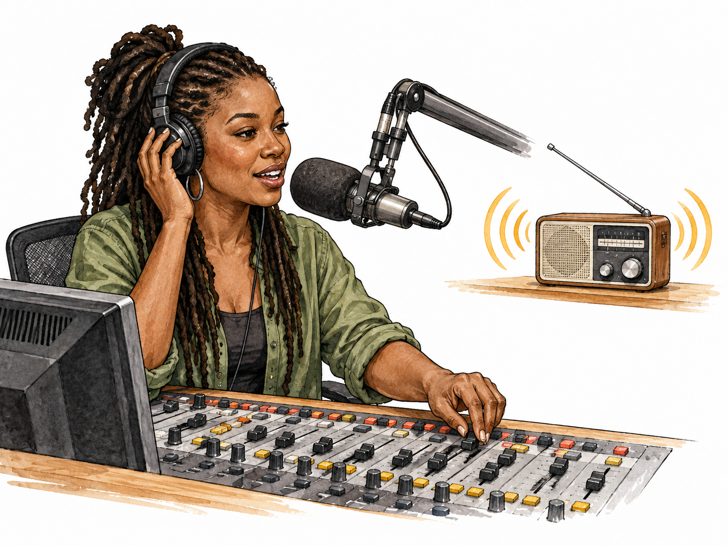A Black radio presenter operating a mixing desk beside a microphone while a portable radio elsewhere emits subtle sound curves, no text.