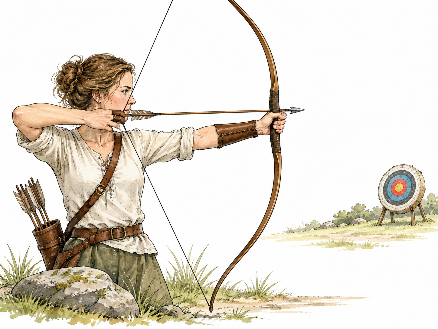A white woman archer calmly aims toward a distant target.