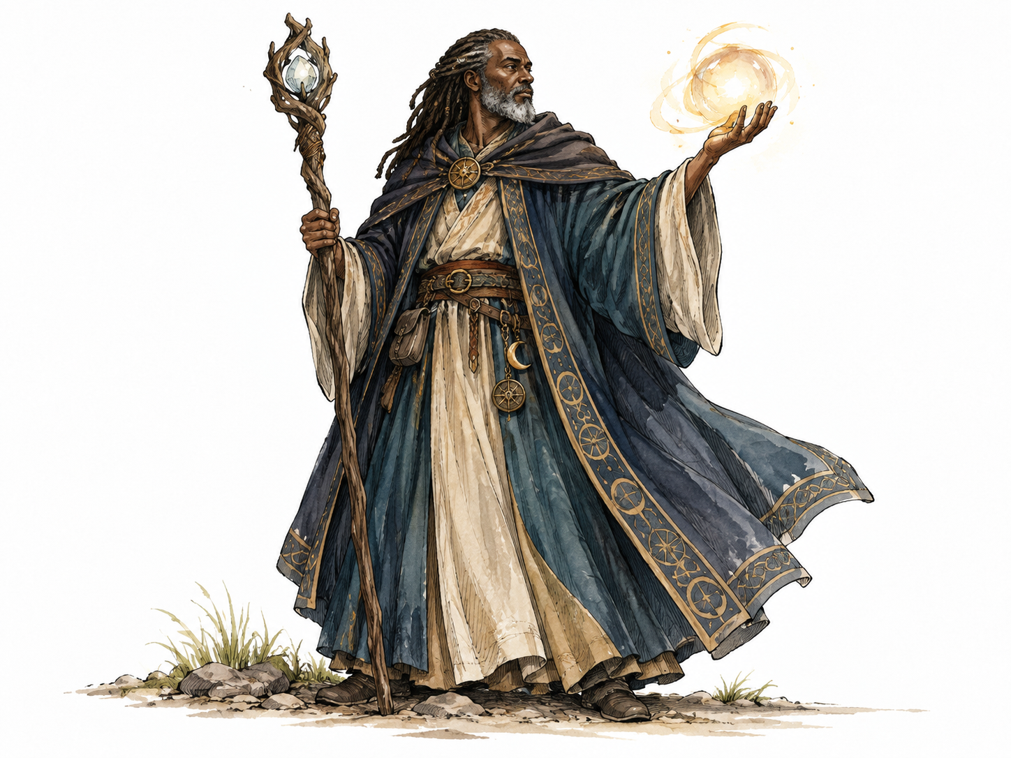 A mature Black fantasy mage in a full flowing robe holding a staff and conjuring a subtle sphere of light, realistic anatomy, not cartoon.