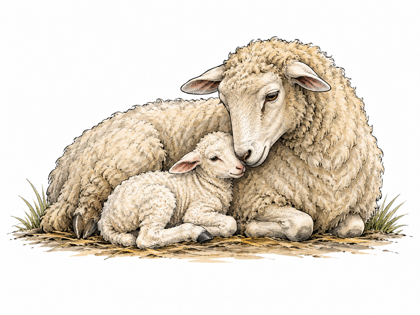 A tiny newborn lamb curled beside a larger ewe, affectionate diminutive scale, realistic wool.