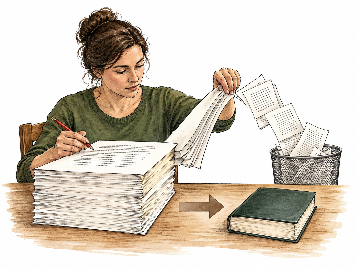 Editor shortens thick manuscript to concise bound version retaining central pages.