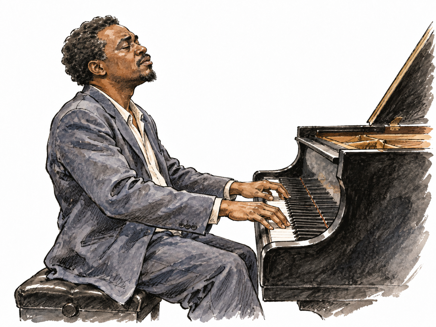 Black jazz pianist invents a tune at a piano, listening intently, no sheet music.