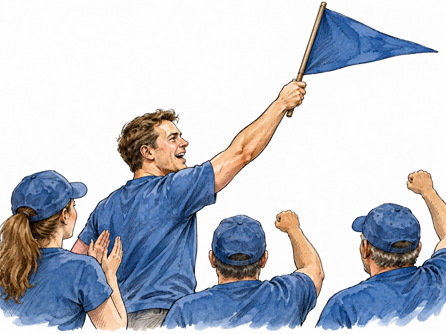 A devoted white adult supporter waves a plain colored pennant among teammates.