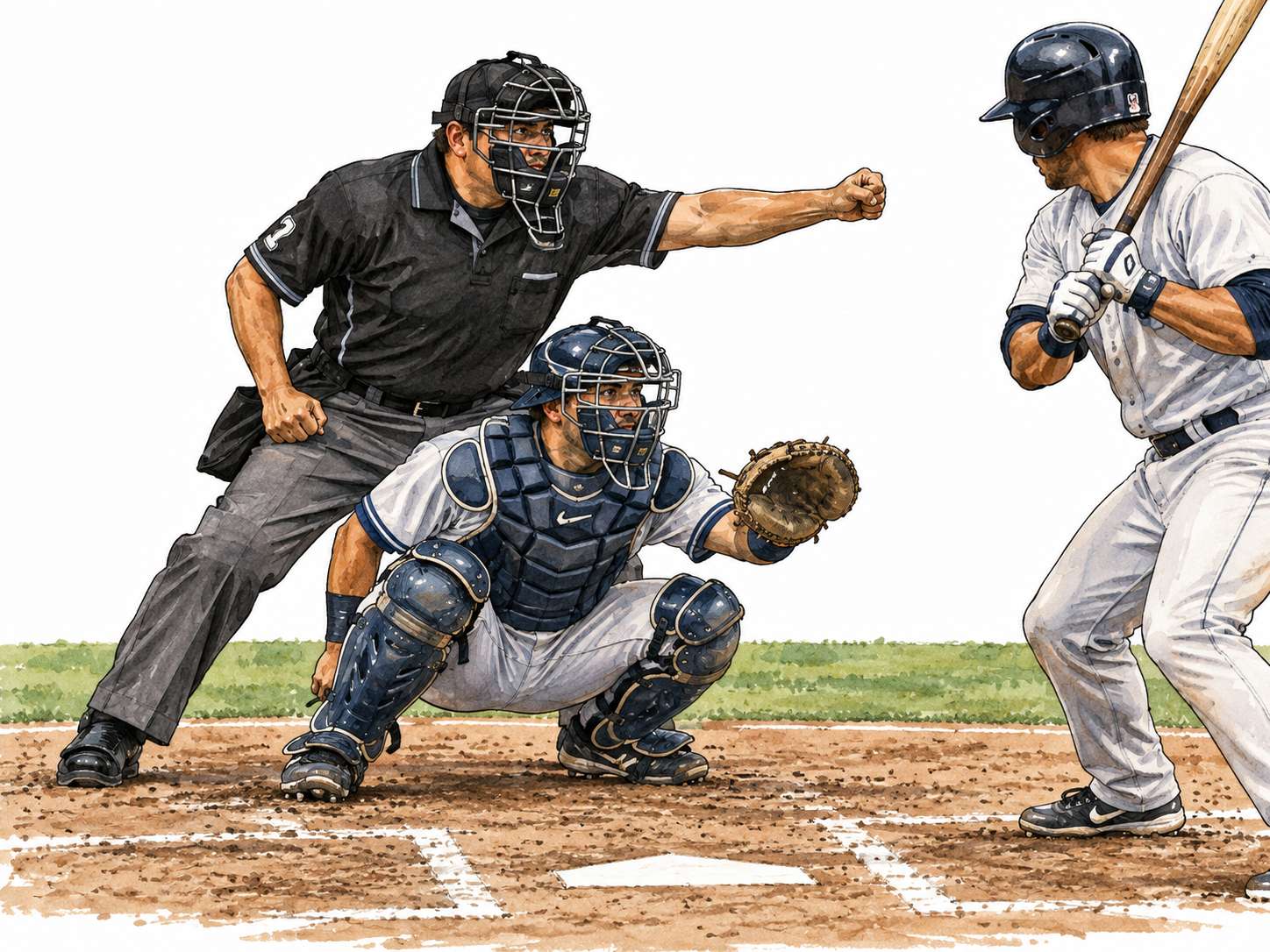A Latino baseball umpire in protective mask signaling a clear strike behind the catcher, realistic field and equipment.